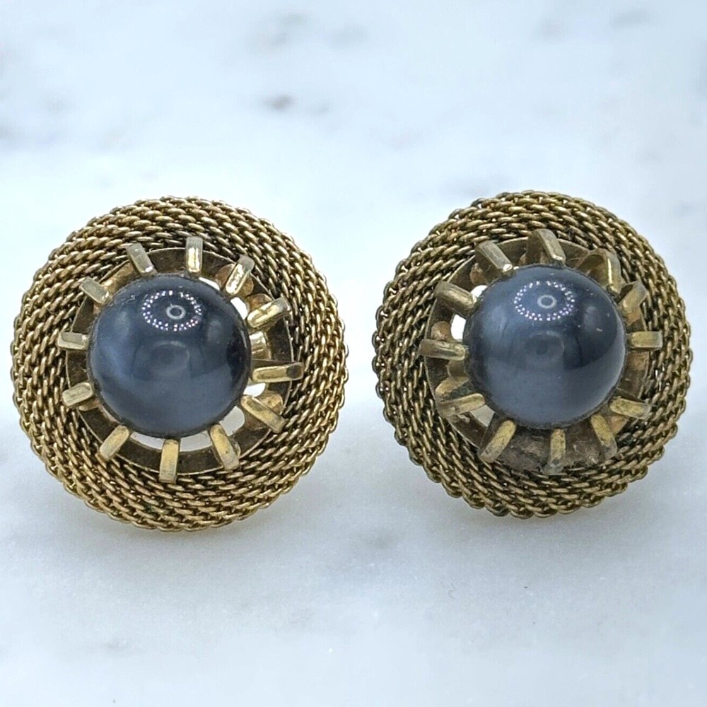 Men Vintage Gold Tone Mesh Contour Gray Inlay Round Bullet Back Cufflinks